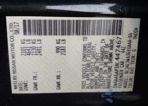 2017 Nissan Maxima 3.5 Sv из США, поврежденный, VIN 1N4AA6AP1HC447467